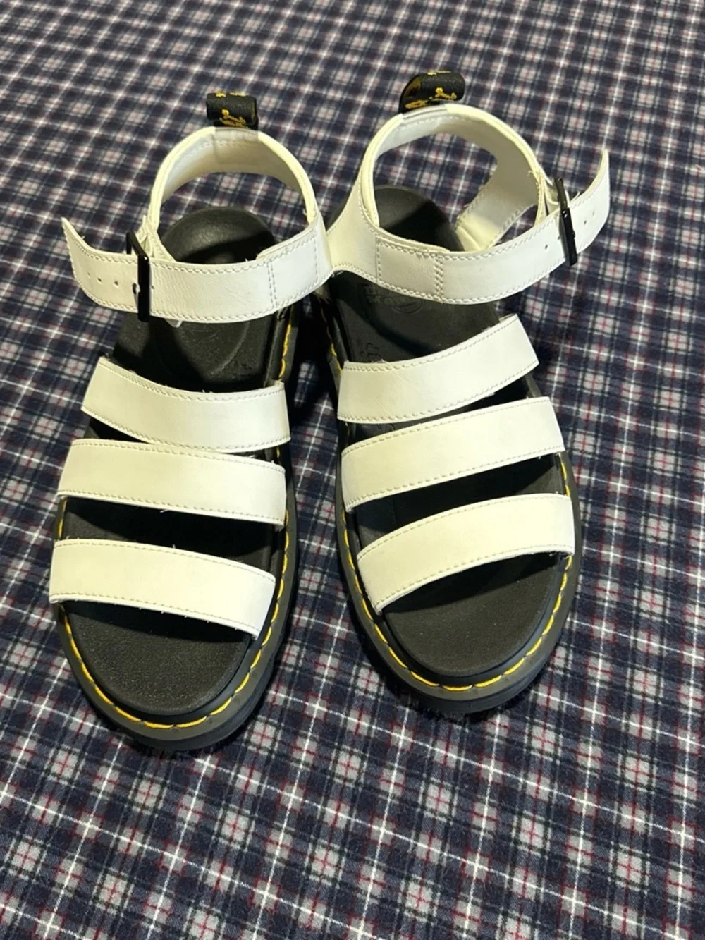 Dr. Martens blaire White Multi-Strap Sandals with Yellow Stitching